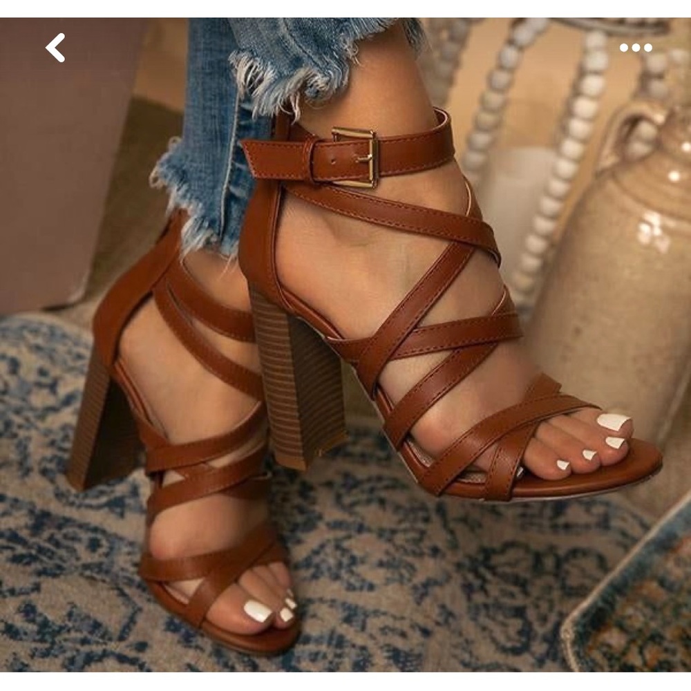Brown Strappy Open toed High Heels, Sandals, Size 9 soft faux leather